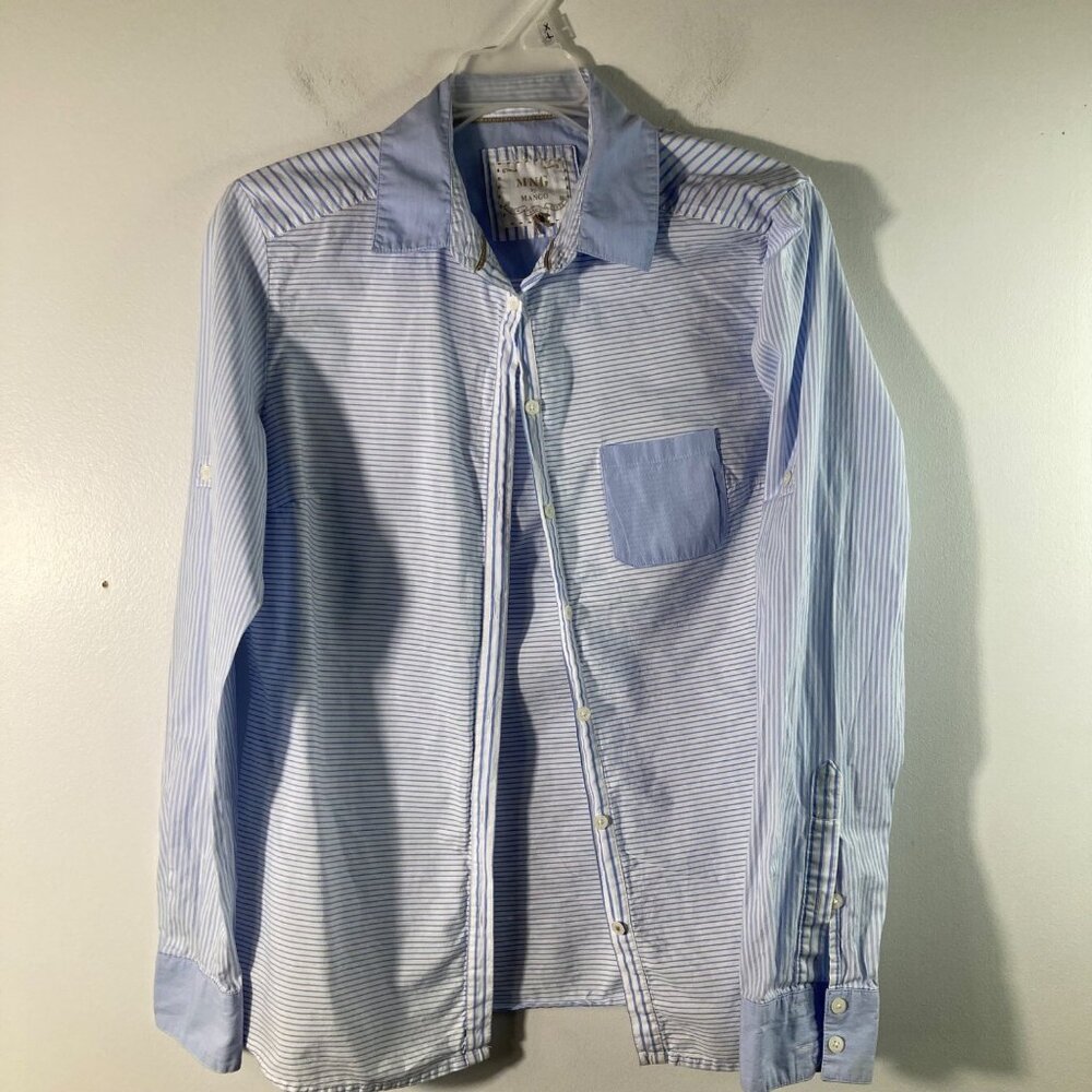 Womens MNG by Mango Stripe Button Shirt Long Sleeve Blue White 10 Cotton